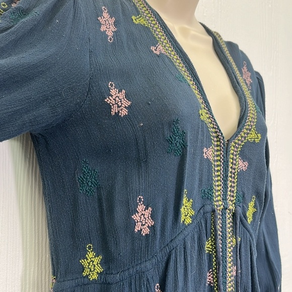 Free People - Stargazer Blue Embroidered Boho Empire Waist Mini Dress Size Small - Picture 6 of 13